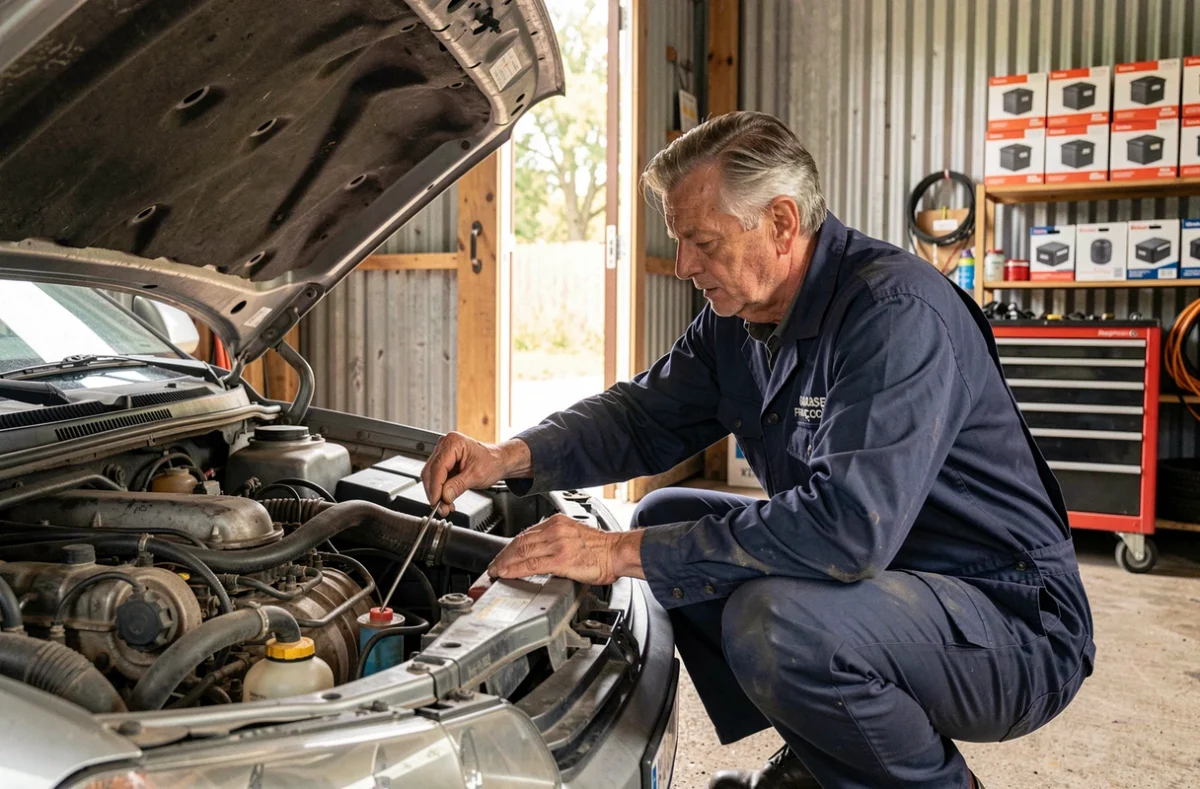 Mécanicien vérifiant les niveaux dans un compartiment moteur chez Garage François dans le nord de la Meurthe-et-Moselle