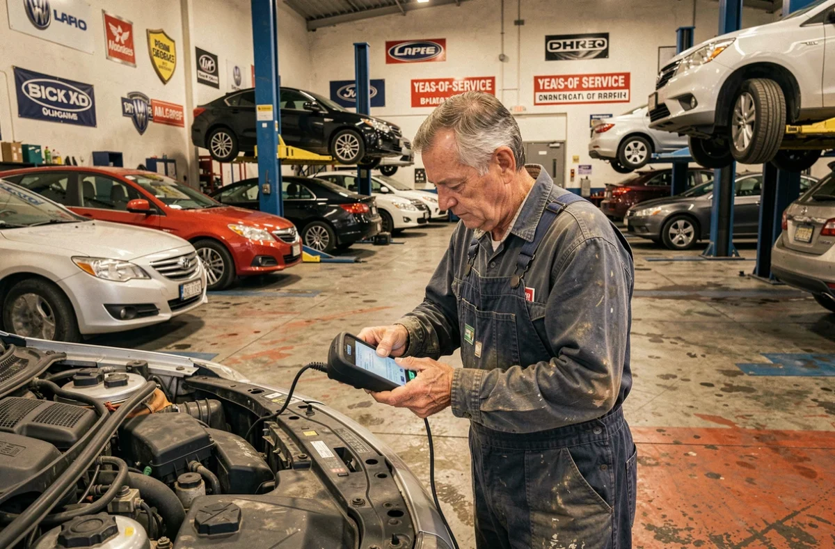 Mécanicien expérimenté effectuant un diagnostic électronique dans le garage toutes marques Herbe Guillaume