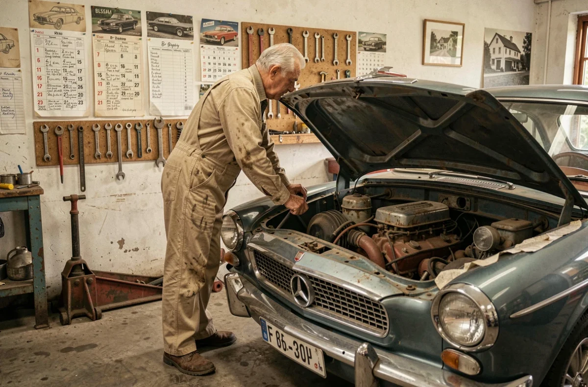 Mécanicien senior travaillant sur une voiture ancienne dans le Garage Michel, établi depuis plus de 60 ans