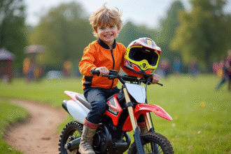 Garçon de 8 ans en tenue motocross sur une mini moto électrique