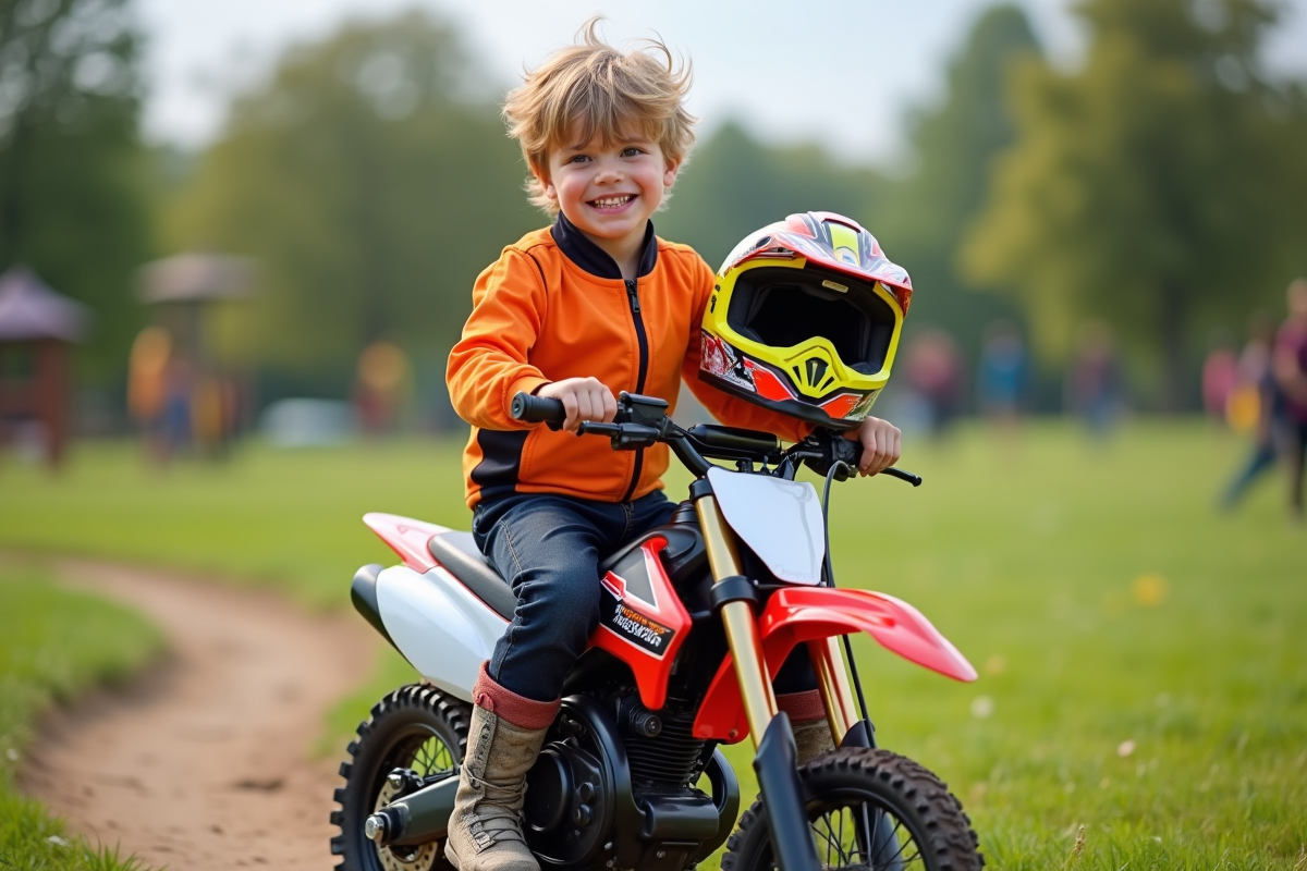 Garçon de 8 ans en tenue motocross sur une mini moto électrique