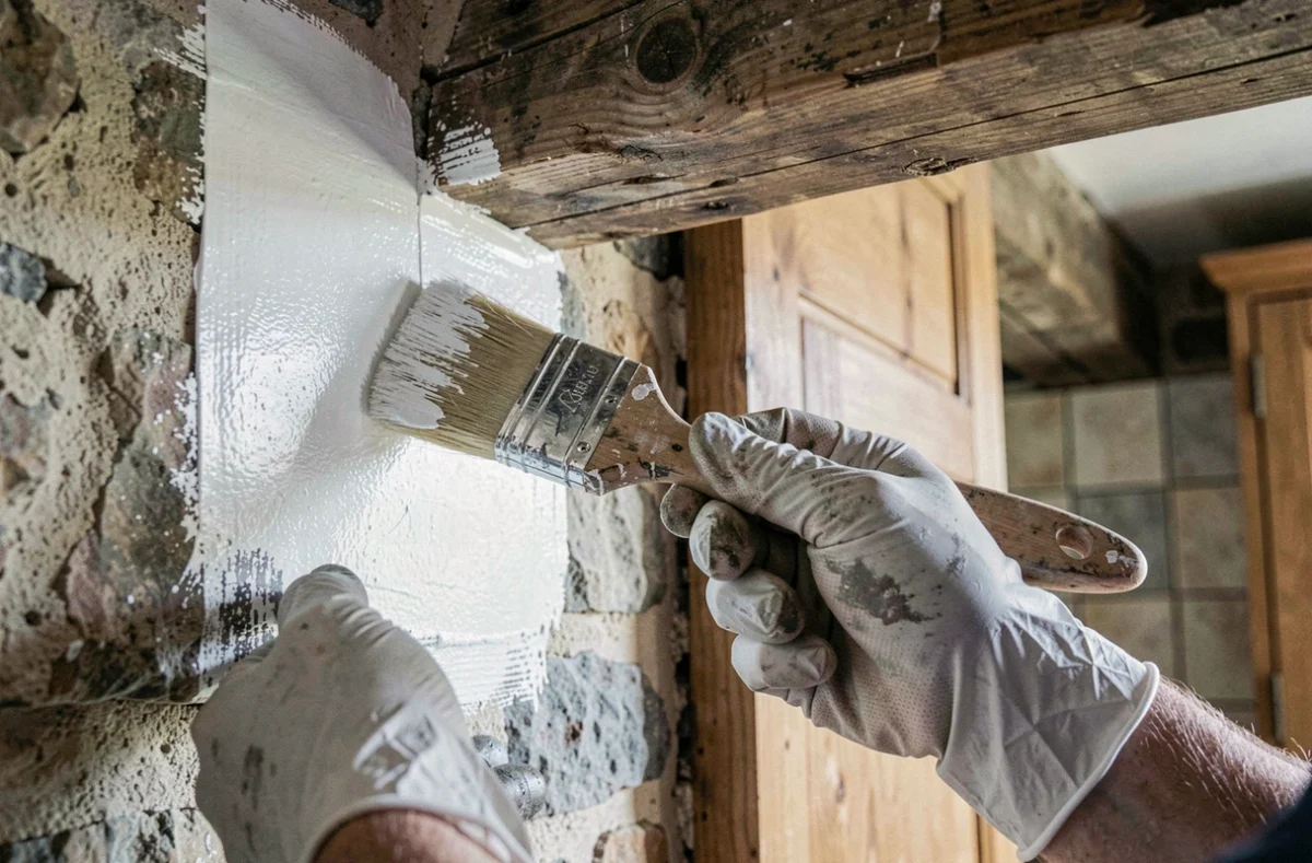 Gros plan sur des mains appliquant un covering blanc au pinceau le long d'une poutre en bois dans une cuisine rustique