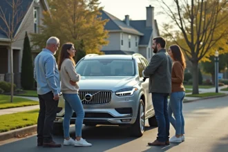 Groupe d'adultes devant un SUV en banlieue