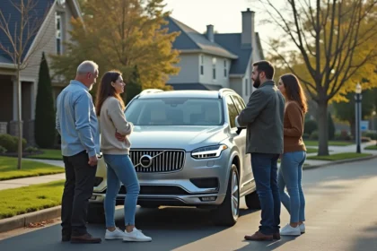 Groupe d'adultes devant un SUV en banlieue