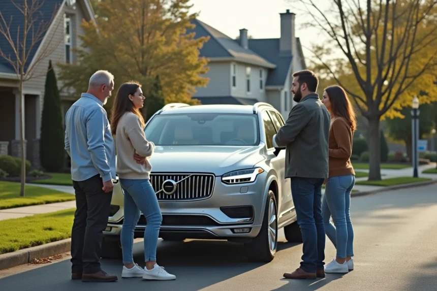 Groupe d'adultes devant un SUV en banlieue