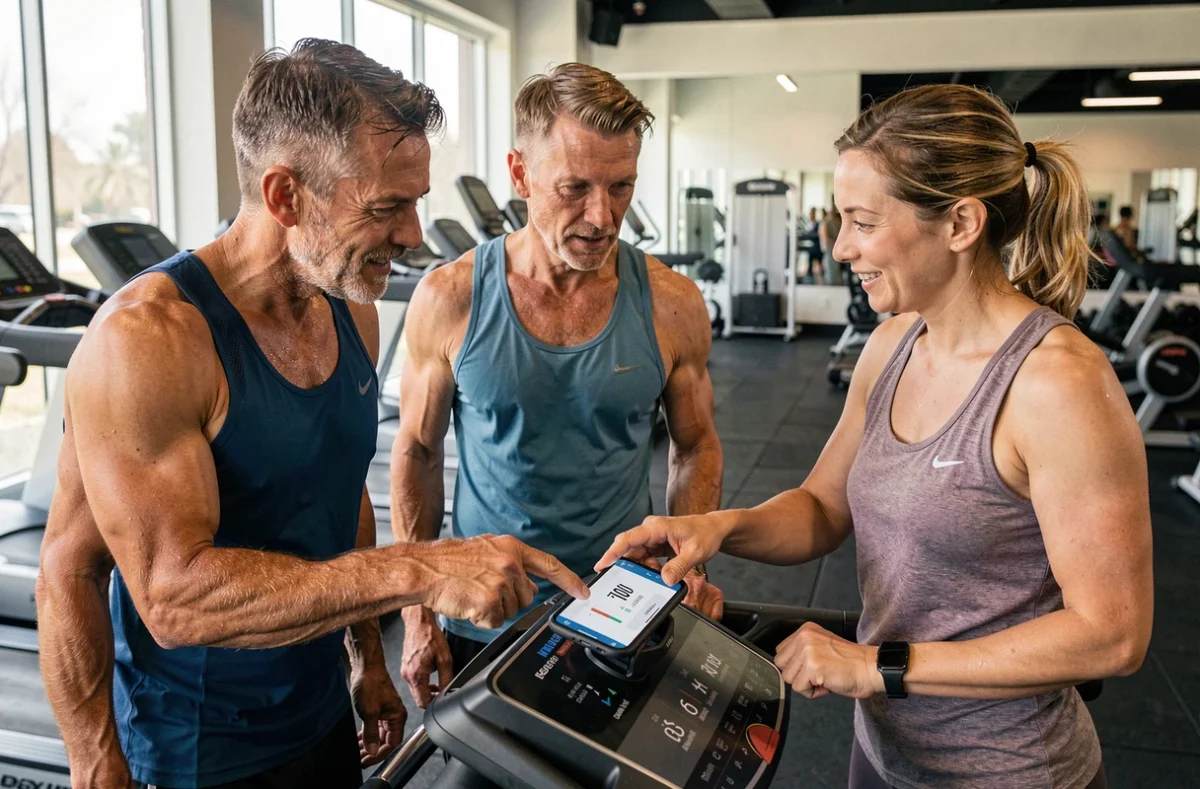 Groupe d'athlètes amateur consultant une application de course sur tapis roulant pour convertir miles en kilomètres par heure en salle de sport