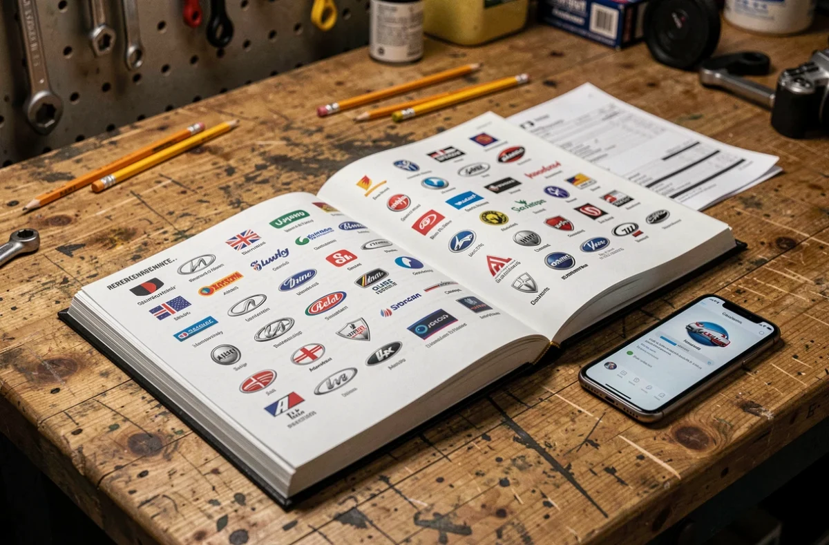 Guide visuel imprimé des logos de toutes les marques de voitures posé sur un bureau d'atelier avec un smartphone affichant une application d'identification automobile