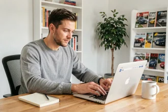 Homme consultant l'actualité automobile Caradisiac sur un ordinateur portable dans un bureau à domicile