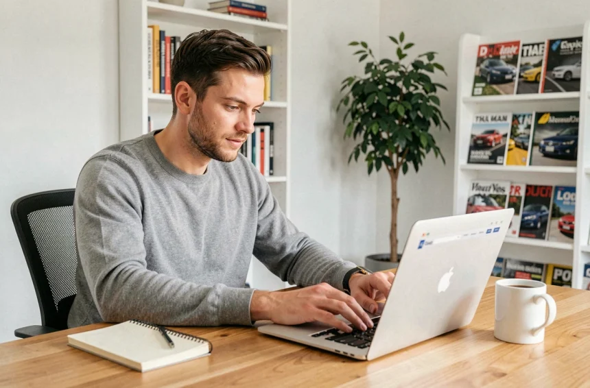 Homme consultant l'actualité automobile Caradisiac sur un ordinateur portable dans un bureau à domicile