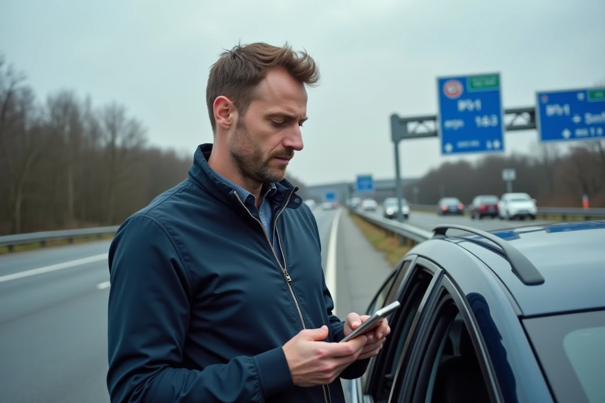 Homme consultant une application de conversion mph en kph sur smartphone près d'une voiture de location