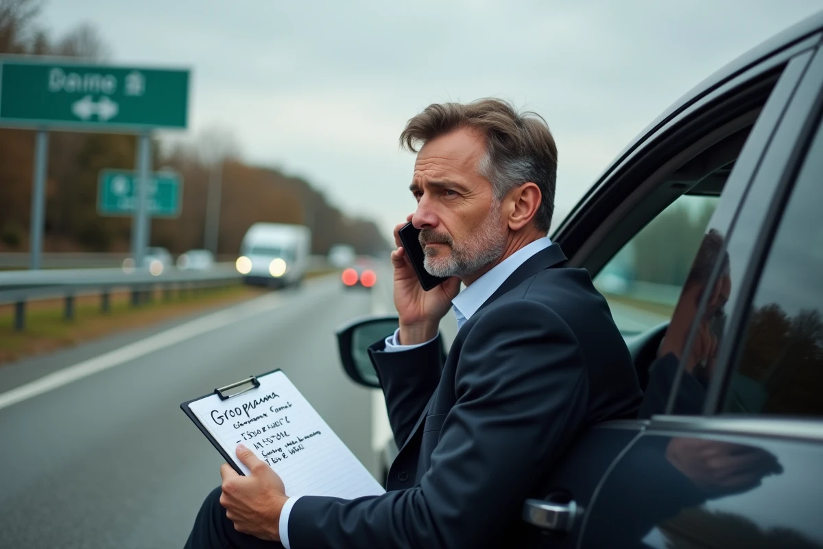 Homme en costume appelant assistance sur une route urbaine
