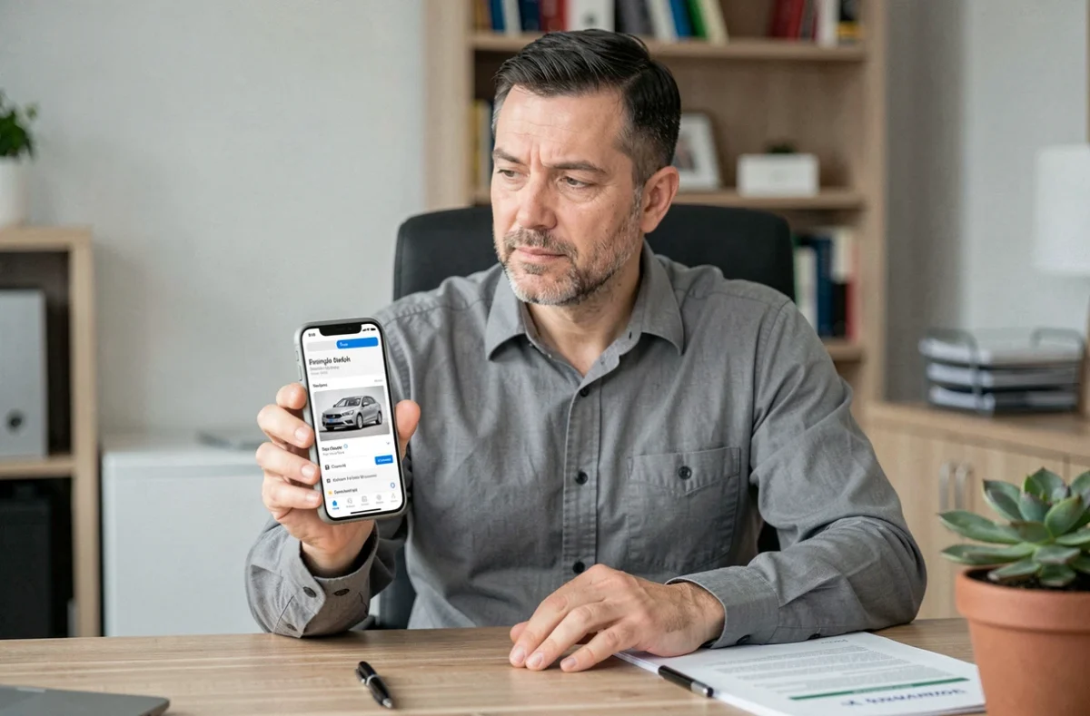 Homme consultant une application de comparaison d'assurance auto pas chère sur son smartphone dans un bureau à domicile