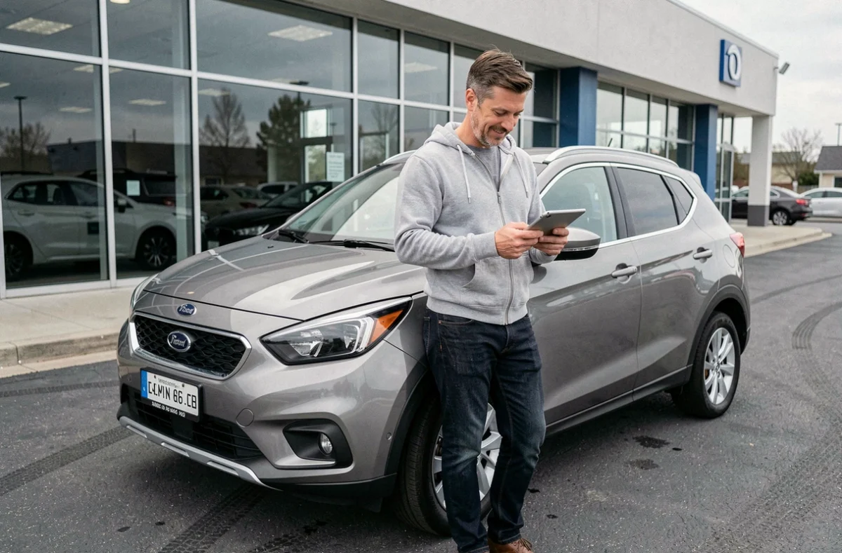 Homme consultant une assurance auto en ligne sur tablette devant un concessionnaire automobile