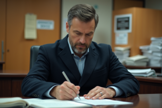 Homme d'environ 40 ans remplissant des papiers au bureau