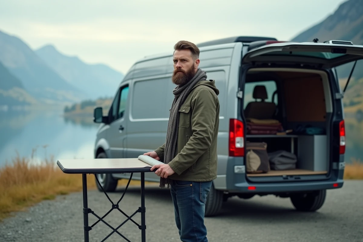 Homme avec van au bord d’un lac avec montagne en arrière