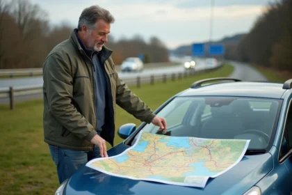 Homme d'âge moyen examinant une carte de France à côté de sa voiture