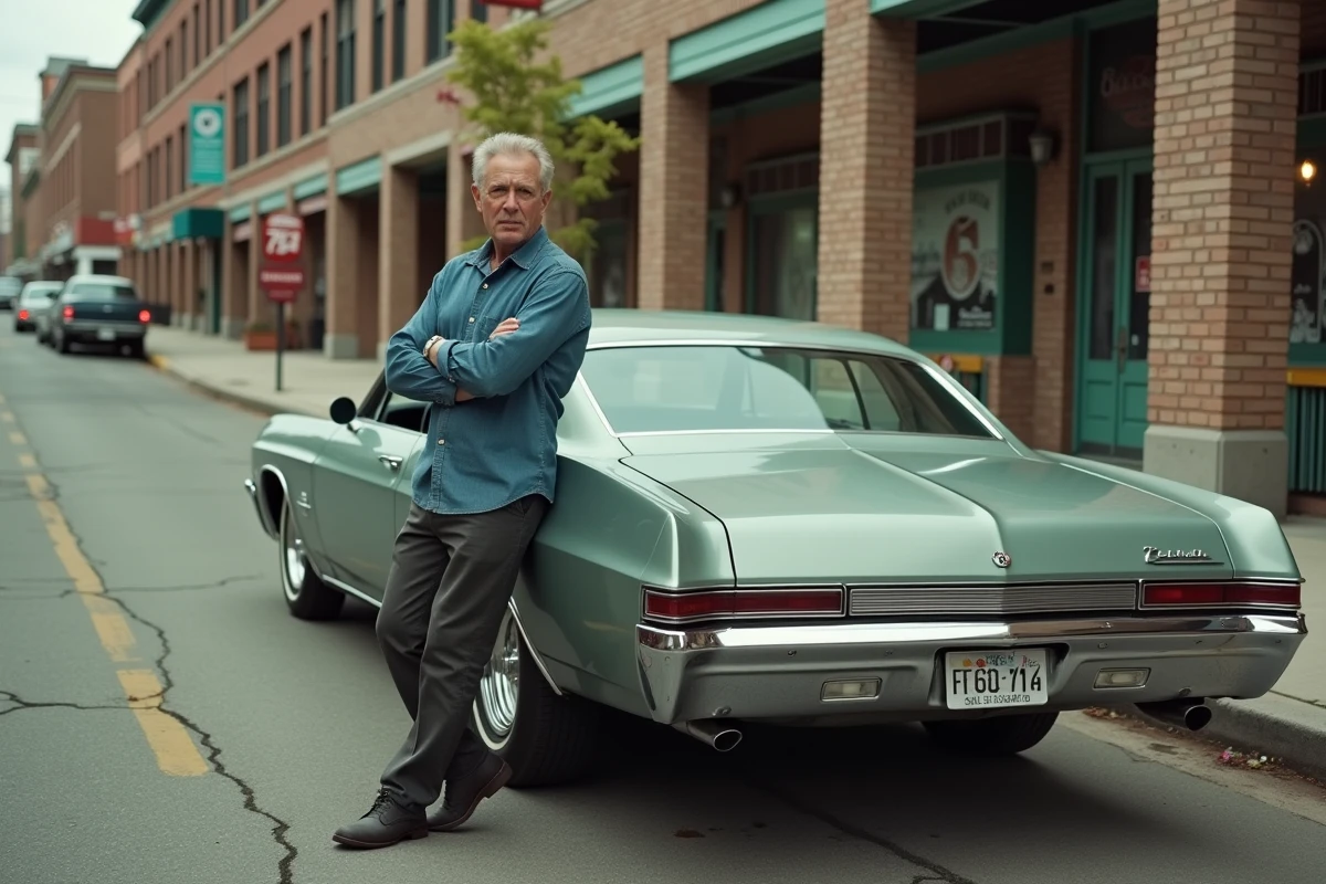 Homme d'une cinquantaine d'années appuyé contre une Chevrolet Impala 4 portes 1967 vert métallisé dans une rue urbaine américaine