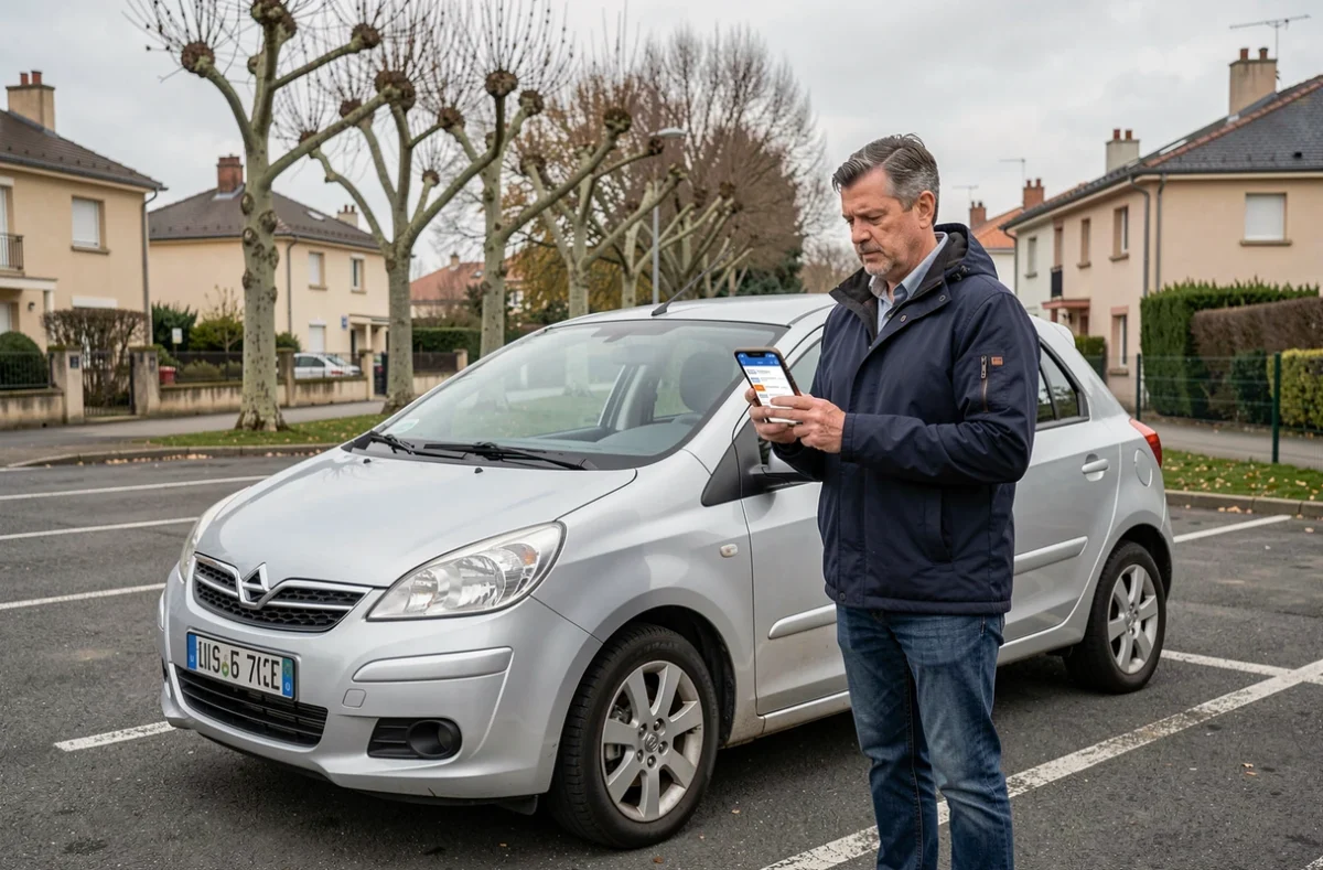 Homme debout près de sa voiture comparant des offres d'assurance automobile sur smartphone dans un parking français