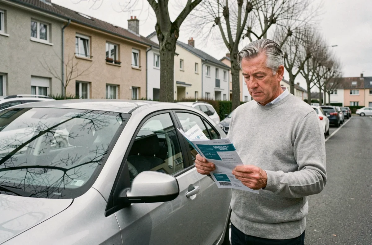 Homme comparant des offres d'assurance automobile près de sa voiture