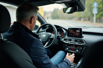 Homme concentré sur le tableau de bord de sa voiture