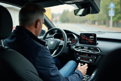 Homme concentré sur le tableau de bord de sa voiture