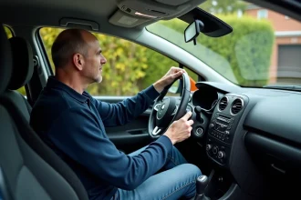 Homme concentré en voiture Renault Clio en intérieur