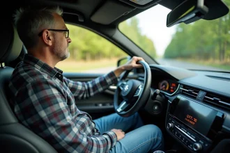 Homme d'âge moyen au volant d'une voiture essence en extérieur