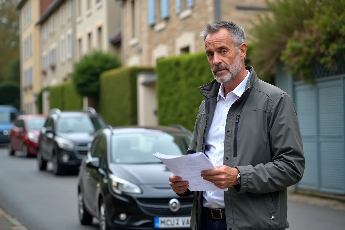 Homme consultant un contrat d'assurance auto devant sa voiture dans une rue résidentielle française