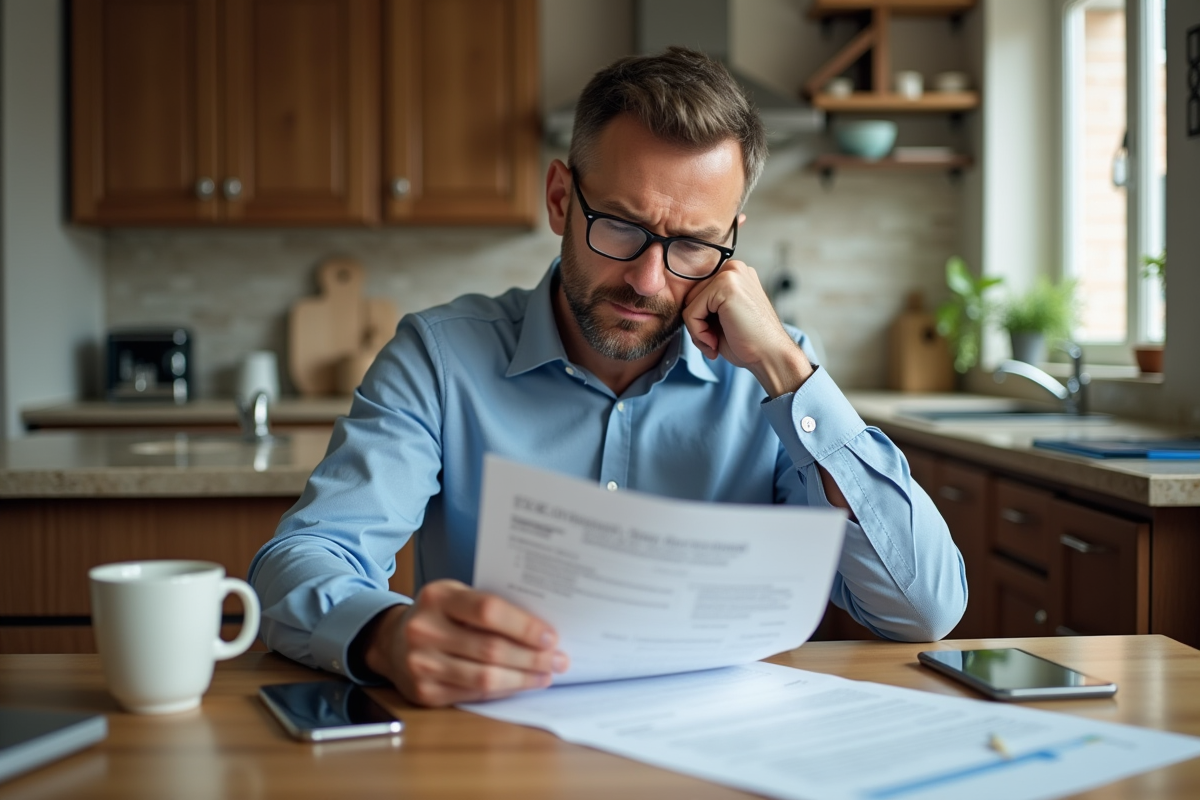 Homme d'âge moyen réfléchissant à ses documents d'assurance dans la cuisine
