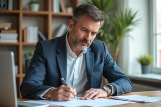 Homme d'âge moyen remplissant un formulaire d'assurance voiture