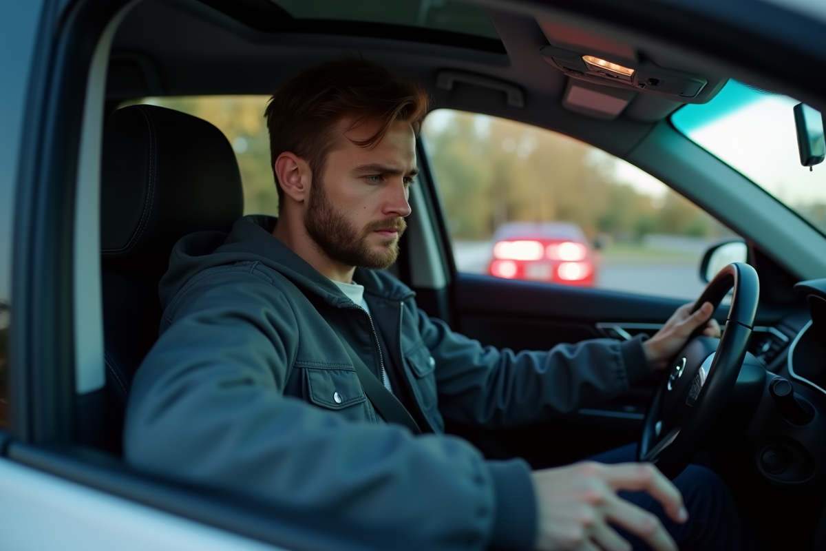 Homme au volant avec alcootest et lumières de police
