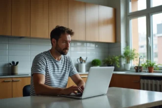 Homme d'âge moyen dans une cuisine moderne réfléchissant devant son ordinateur