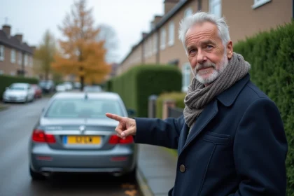 Homme pointant la plaque d'immatriculation LV d'une voiture familiale