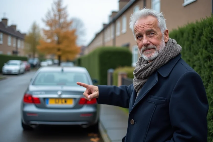 Homme pointant la plaque d'immatriculation LV d'une voiture familiale