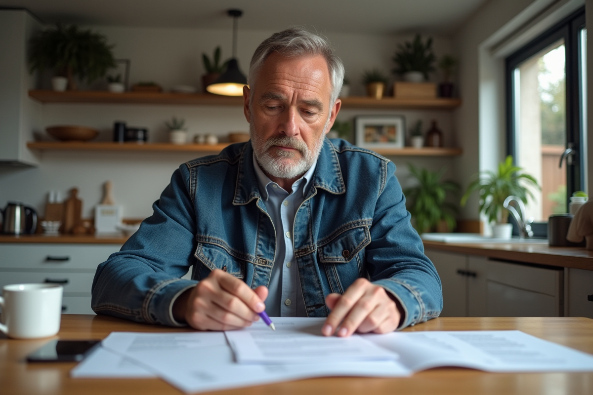 Homme d'âge moyen arrangeant documents de voiture à la maison