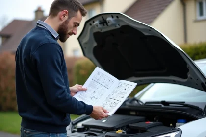 Homme vérifiant le moteur d'une Renault Mégane 3 en extérieur