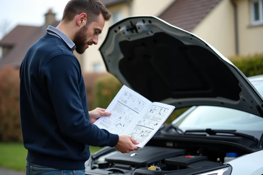 Homme vérifiant le moteur d'une Renault Mégane 3 en extérieur