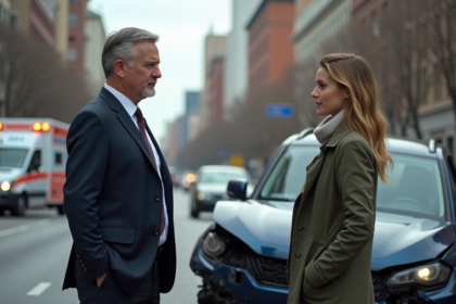 Homme d'affaires et jeune femme près d'une voiture endommagée en ville