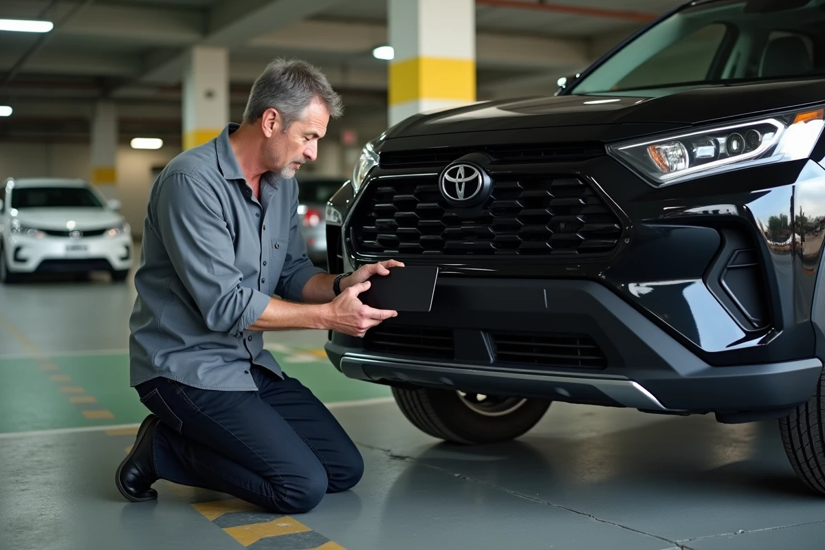 Homme installant une plaque d'immatriculation noire sur un SUV moderne dans un parking urbain