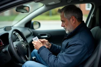 Homme en veste bleue lisant un code dans la voiture