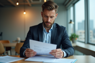 Homme concentré lisant des documents de leasing au bureau