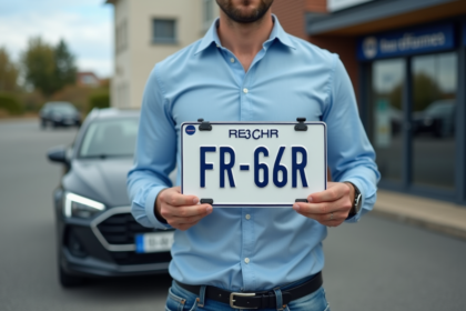 Homme tenant une plaque d'immatriculation française devant une voiture
