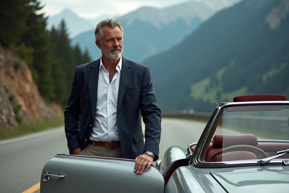Homme en blazer marine admirant une Mercedes V12 cabriolet argent sur une route de montagne entourée de forêts