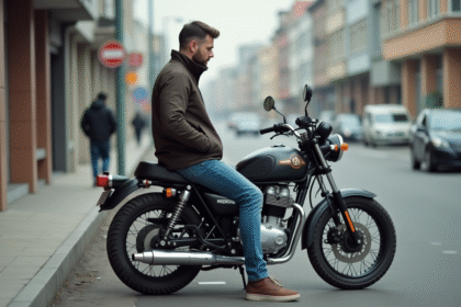 Homme examinant une moto 125cc en ville