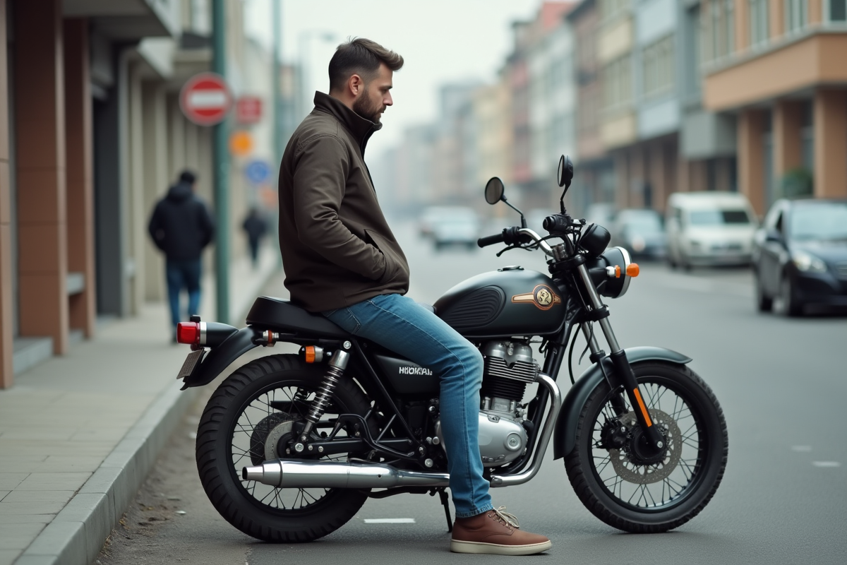 Homme examinant une moto 125cc en ville