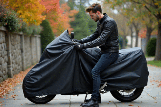 Jeune homme posant sa couverture imperméable sur une moto moderne