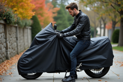 Jeune homme posant sa couverture imperméable sur une moto moderne