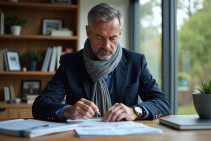 Homme d'âge moyen organisant des papiers dans un bureau moderne