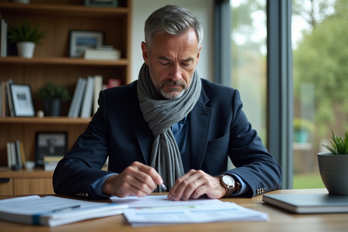 Homme d'âge moyen organisant des papiers dans un bureau moderne