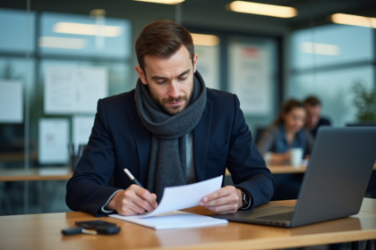 Homme en veste navy tenant documents de voiture et enveloppe